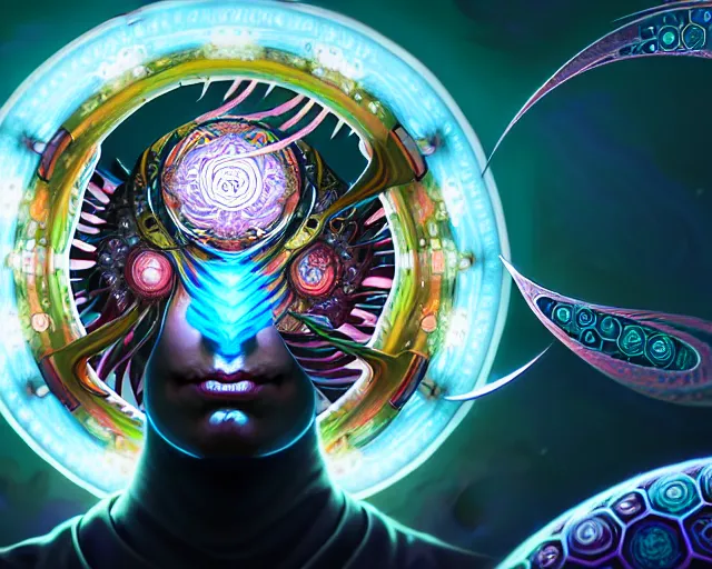 Prompt: a headshot of a ninja offset in the frame, surrounded by fractals, mandalas, cherry blossoms, hadron collider technology, metal gears, swirling bioluminescent energy, art by peter mohrbacher and dan mumford, 8 k octane render, hyperrealistic, zbrush, cinema 4 d