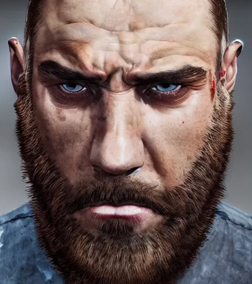 Image similar to portrait of muscular, tired and alcoholic 3 0 - year - ol 5 grieving man with short darkblonde hair, serious sad look in his eyes, looking down, dirty beard, blue eyes, crying tears, wearing dirty soldier uniform, on the desert, sad atmosphere, hyper realistic face, character art, art by mark brooks, cryengine, trending on artstation, digital art
