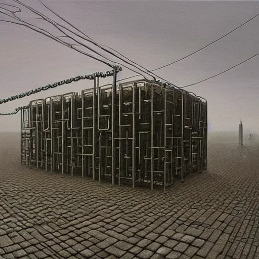 Image similar to A beautiful hyper realistic detailed painting of a chain of blocks, a cybernetic hybrid of 2 gigantic tall skyscaper sized quantum computers and a block calculator machine on a vast black granite tarmac, connected by gold and silver wire cables and chains, by Beksinski, beeple, unreal engine