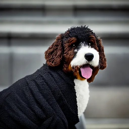 Image similar to a closeup photorealistic photograph of a cute smiling knitted bernedoodle judge dog dressed in a black gown, presiding over the courthouse. indoors, professional capture, well lit shot. this 4 k hd image is trending on artstation, featured on behance, well - rendered, extra crisp, features intricate detail, epic composition and the style of unreal engine.