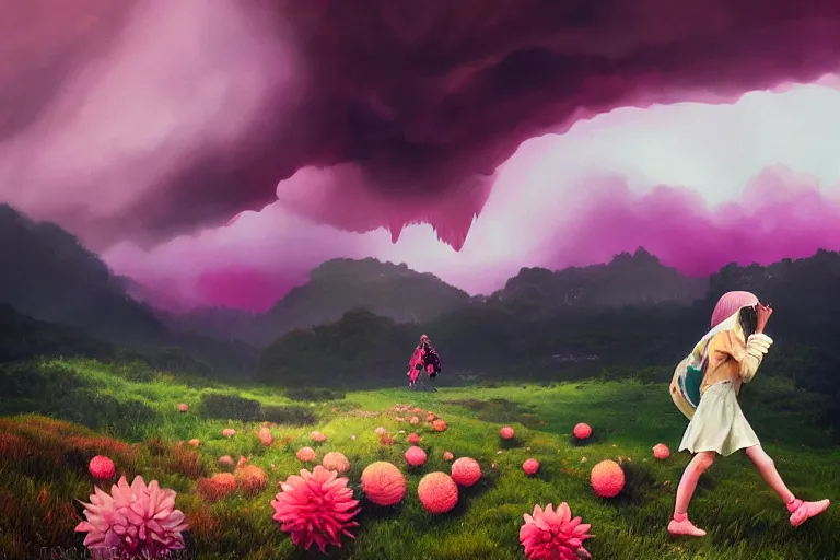 Image similar to giant dahlia flower crown head, girl walking, on mountain, surreal photography, pink storm clouds, dramatic light, impressionist painting, digital painting, artstation, simon stalenhag