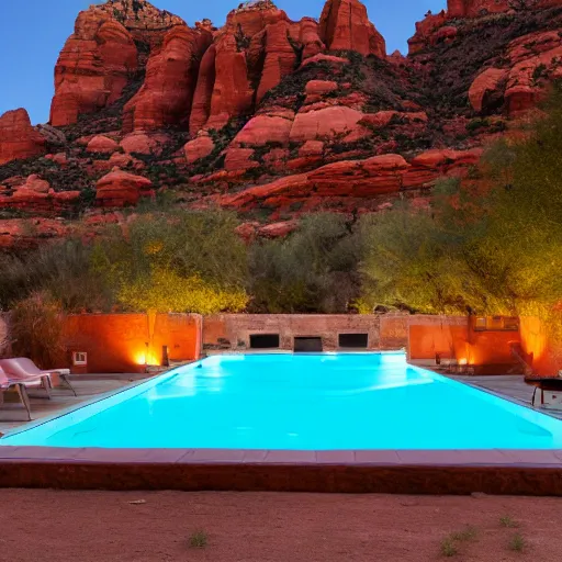 Image similar to full moon over a pool in a courtyard in the Sedona Arizona desert, people lounging, painting in the style of Max Ernst, incredible, 4k