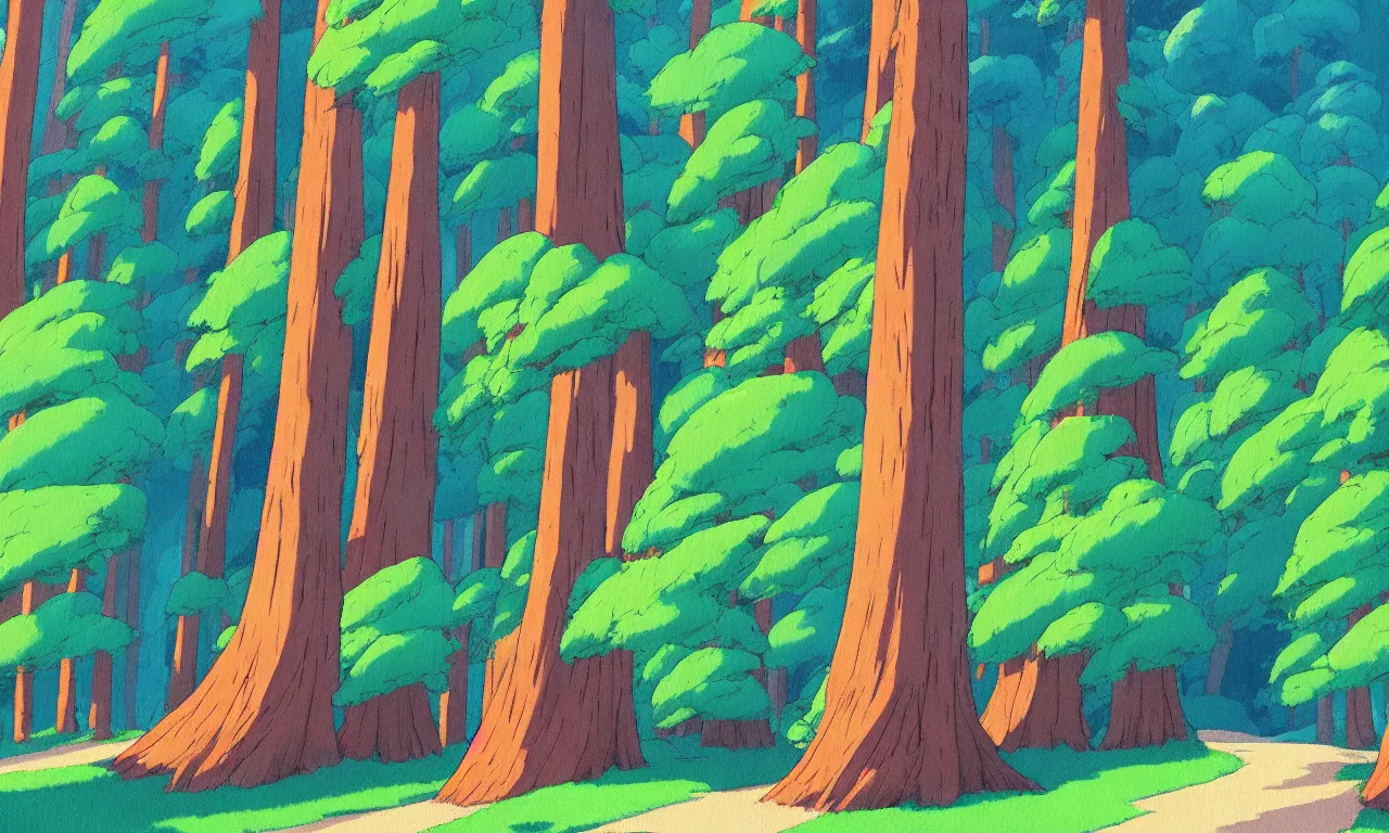 Image similar to Sequoia park in a colorful moutain with beautiful trees , no people, morning, by studio ghibli painting, superior quality, masterpiece, traditional Japanese colors, concept art