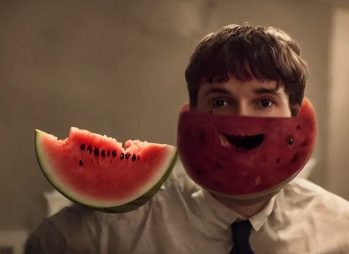 Image similar to film still of a man with a watermelon on his a head in the new horror movie, 4 k