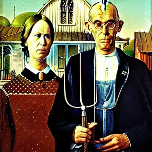 Image similar to the pope and satan in the style of american gothic