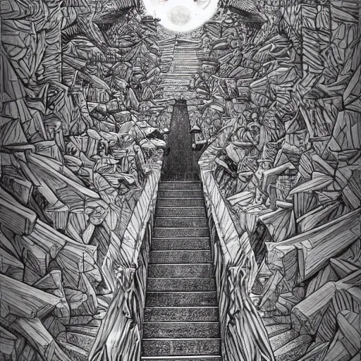 Prompt: a huge howling angry wolf in a huge bright maze of many doorways and lots of stairs, many doorways, inside MC Escher architecture, artstation, Junji Ito, epic composition, detailed background