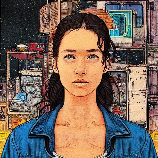 Image similar to “illustation of a woman sitting in a junkyard. Overalls and tools . Science fiction. Intricate digital painting. Art by Mœbius. Character portrait. Character design. Concept art. Symmetrical face. Detailed realistic face.”