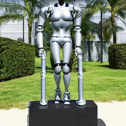 Image similar to a realistic detailed photo of a guy who is an attractive humanoid who is half robot and half humanoid, who is a male android, wrestler daton fix, shiny skin, posing like a statue, blank stare, by the pool, on display, showing off his muscles, humanoid robot, frozen ice statue