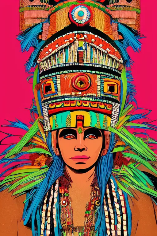 Image similar to close up portrait of a beautiful aztec queen with elaborate head dress by jamie hewlett, jamie hewlett art, full body character concept art, vaporwave colors,