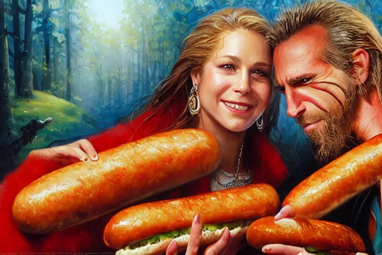 Image similar to portrait of wwf shawn michaels and queen elizabth sharing hotdogs, an oil painting by ross tran and thomas kincade