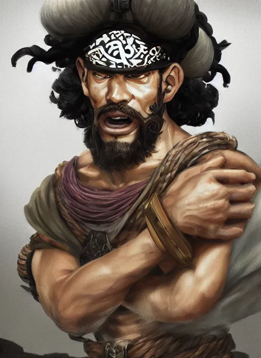 Image similar to a portrait of Usopp the God as a real man, wearing a traditional samurai dress, curly hairs, handsome face, chad, jungle background, intricate, highly detailed, digital painting, artstation, concept art, smooth, sharp focus, illustration, art by Gustave Baumann, matte painting