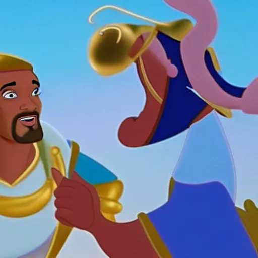 Prompt: will smith as genie in the classical disney animation movie aladdin, detailled face, disney