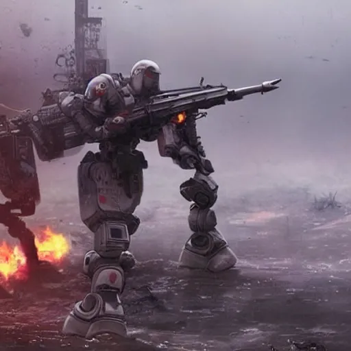 Image similar to Large scale battle of AI soldier robots fire mud and dark environment foggy epic proportions detailed