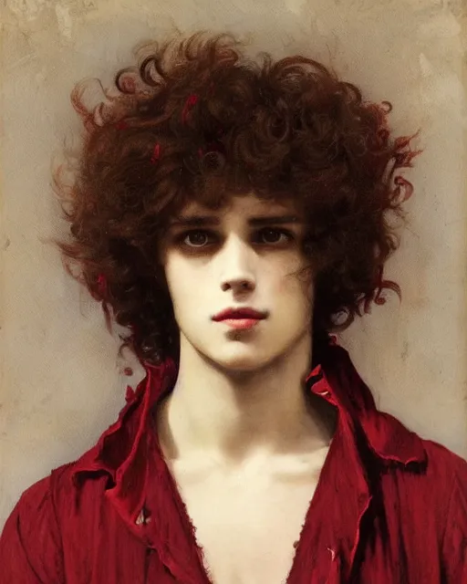 Image similar to a beautiful but sinister young man in layers of fear, with haunted eyes and curly hair, 1 9 7 0 s, seventies, delicate embellishments, a little blood, crimson, painterly, offset printing technique, by alexandre cabanel