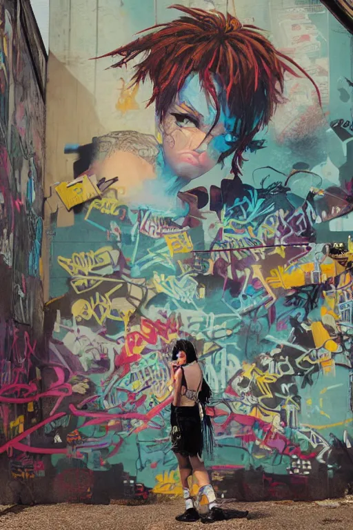 Prompt: punk girl looking at extreme graffiti tag mural maximalism by atey ghailan, by greg rutkowski, by joe fenton, yellow, brown, black and cyan color scheme, octane render