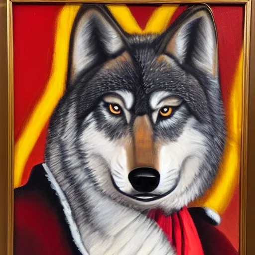 Image similar to portrait of a wolf playboy with red and white fur in a red retro suit with a yellow tie, oil painting