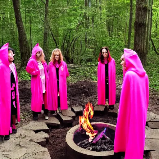 Image similar to a cult of pink cloak wearing kittens summon a fire goddess from the depths of a raging fire pit, flames are emerging from fissures in the ground.