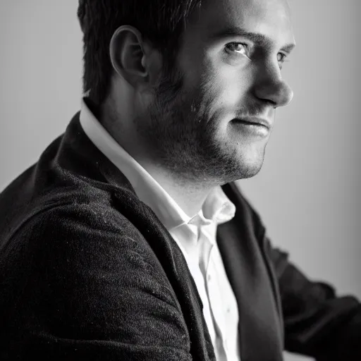 Image similar to portrait of a 3 0 years old frenchman in 2 0 2 0 seated. award winning photography, 5 0 mm, studio lighting, black and white, contrasted.