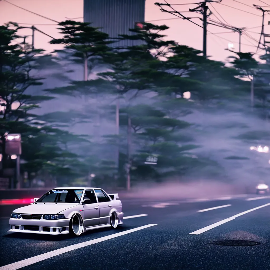 Image similar to a single car JZX100 twin turbo drift in the road, Tokyo prefecture, Japanese architecture, city sunset mist lights, cinematic lighting, photorealistic, detailed alloy wheels, highly detailed car