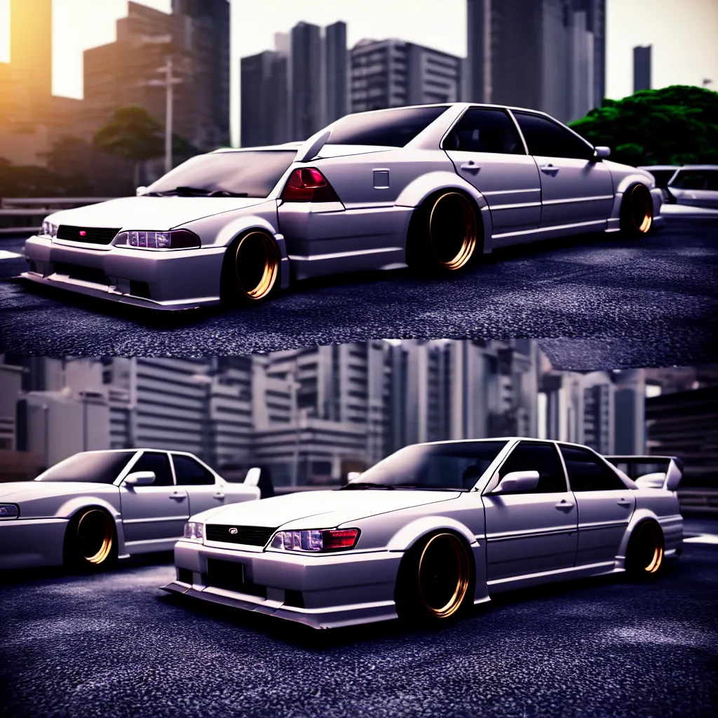 Image similar to zoom on car JZX100 twin turbo drift parked, Tokyo prefecture, Japanese architecture, city sunset mist lights, cinematic lighting, photorealistic, detailed alloy wheels, highly detailed, photoshoot