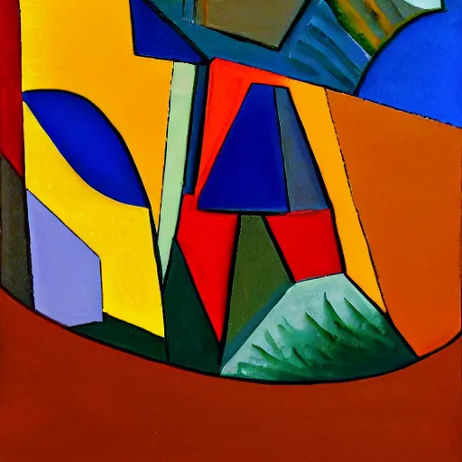 Image similar to woman woman as the natural landscape, her curves form the mountains and rivers of this land, high quality art in the style of cubism and georgia o'keefe,