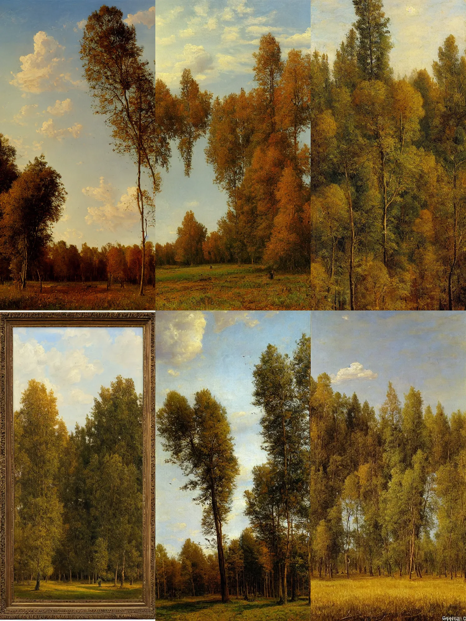 Prompt: Large insect-like buildings stretching into the skies on an autumn field, oil on canvas by Ivan Shishkin