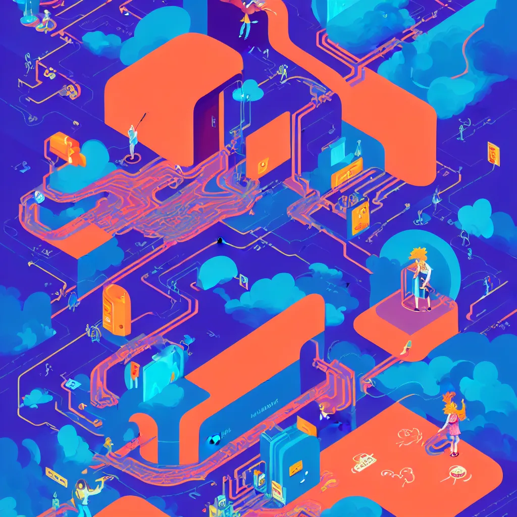 Prompt: an illustration of a micro-service deployed to a datacenter, architecture, symbol, road, connector, defence, wall, cloud, security, cyber, attack vector, trending on Artstation, painting by Jules Julien, Leslie David and Lisa Frank and Peter Mohrbacher and Alena Aenami and Dave LaChapelle muted colors with minimalism