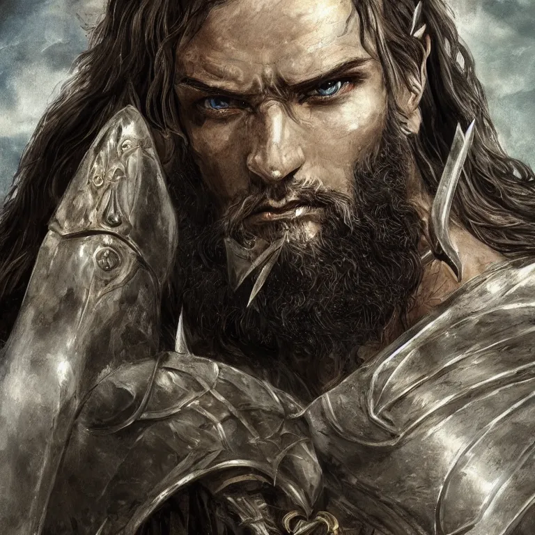 Image similar to fantasy art of a male human warrior, lord of the rings, poster, finely detailed face delicate features, black full beard, full body, realistic, sharp focus, 8 k high definition, insanely detailed, intricate, elegant, character portrait, portrait, close up, concept art