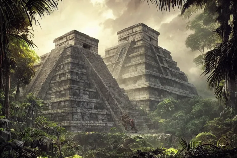 Image similar to Brutalist mayan temple in the jungle, beautiful dynamic lighting, cinematic, wide angle establishing shot, extremely high detail, photo realistic, cinematic lighting, post processed, concept art, artstation, matte painting, style by eddie mendoza, raphael lacoste, alex ross