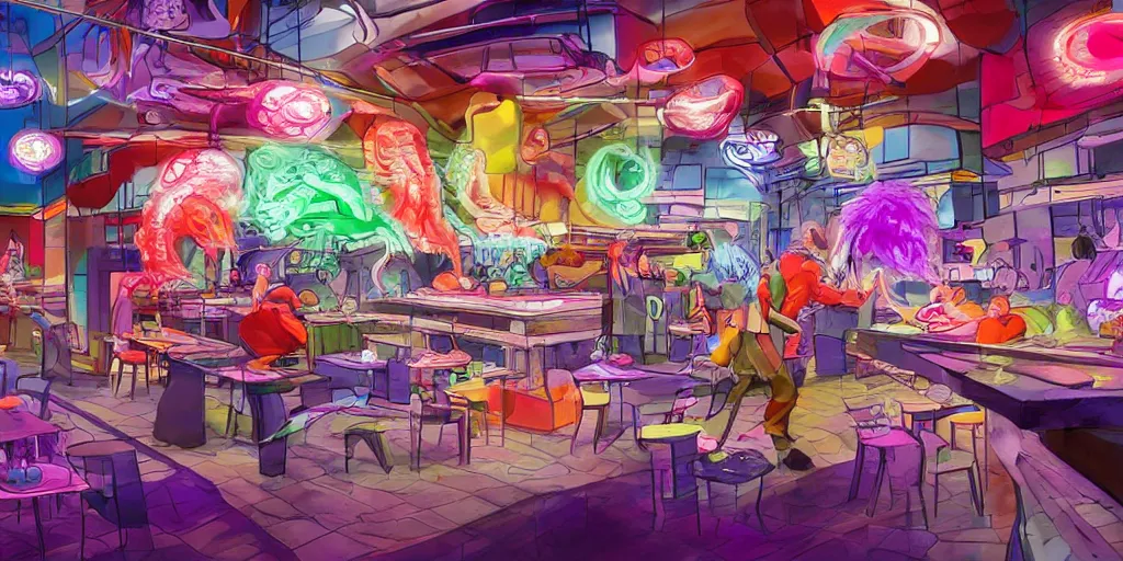 Image similar to concept photo highly detailed rendering of, a giant translucent colorful octapus stealing all the knives from a sushi restaurant at 3 am in the morning, humorous and weird, dramatic cinematic lighting