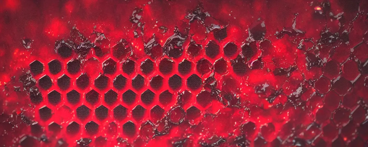 Image similar to crimson - black honeycomb dripping honey, photorealistic, octane render, rtx, hdr, unreal engine, digital art