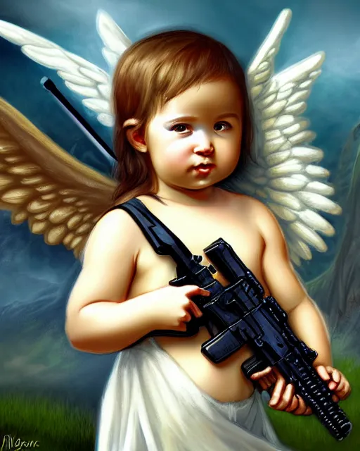 Prompt: fantasy art of a baby angel with m 4 a 1, haven