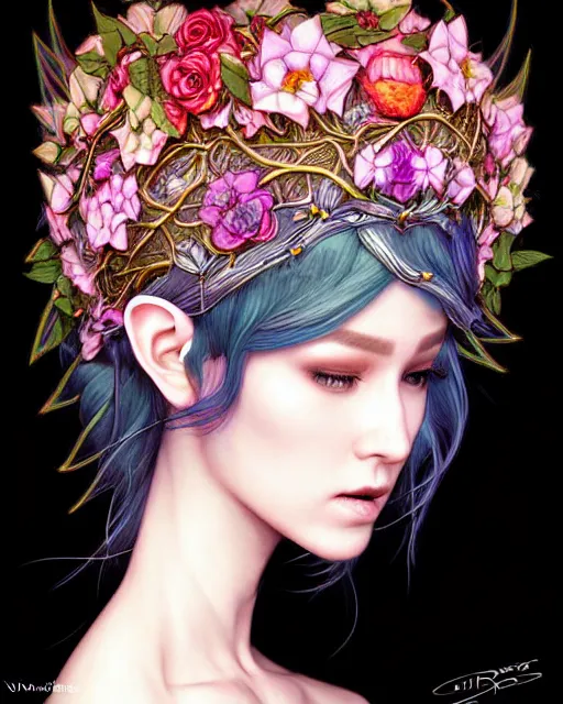 Image similar to digital art, centered head of elven bride with short hair, vivid flower crown ,body made with intricate roots, by James Jean and by artgerm, by ross tran , ultradetailed, charachter design, concept art, trending on artstation,