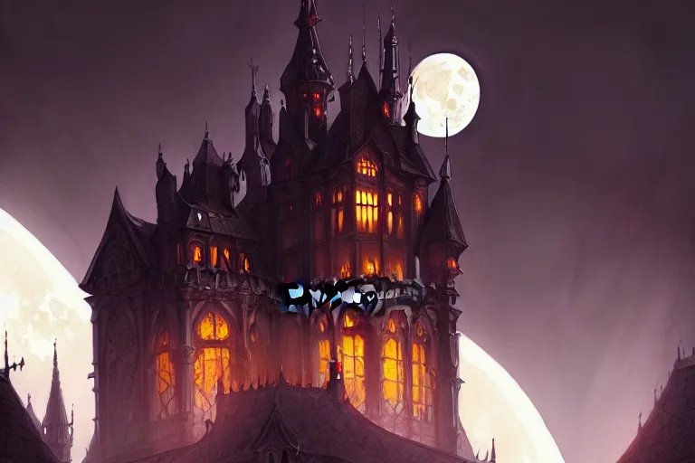 Image similar to foggy intricate gothic castle under the full moon, epic, intricate oil painting, high detail illustration, sharp high detail, manga and anime, official fanart behance hd artstation by jesper ejsing and makoto shinkai, 4 k,