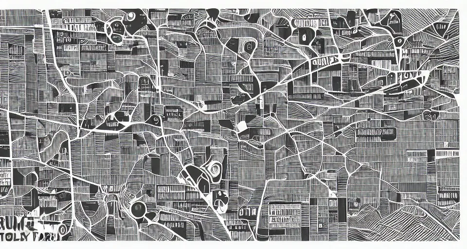 Prompt: infographic map, illustration, industrial buildings, farms, people, roads connecting everything, doodle art, line art