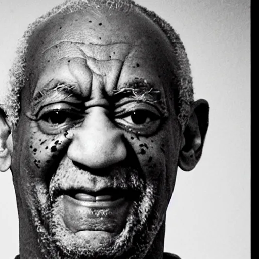 Image similar to screenshot of a video containing a close up face of Bill Cosby on a Doorbell, creepy, scary, black and white, very scary, horror, super scary, very creepy, so creepy