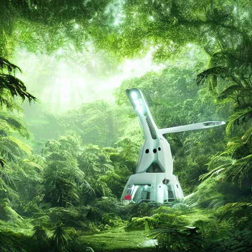 Image similar to futuristic white spaceship in a dense alien rainforest, HD, high def