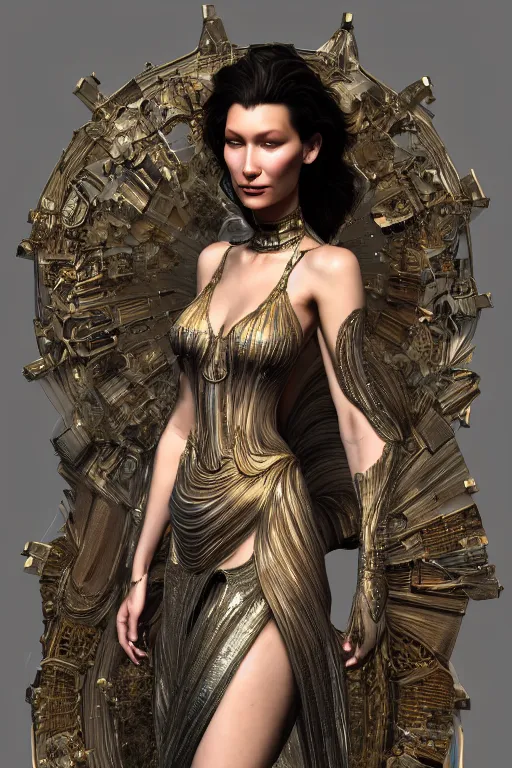 Image similar to a highly detailed 4 k render portrait of a beautiful tall alien goddess bella hadid in iris van herpen dress armor schiaparelli in diamonds and jewelry in style of alphonse mucha trending on artstation made in unreal engine 4