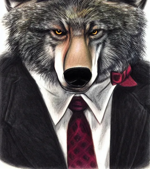 Prompt: master furry artist colored pencil drawing portrait of the anthro male anthropomorphic wolf fursona animal person detective wearing suit and tie