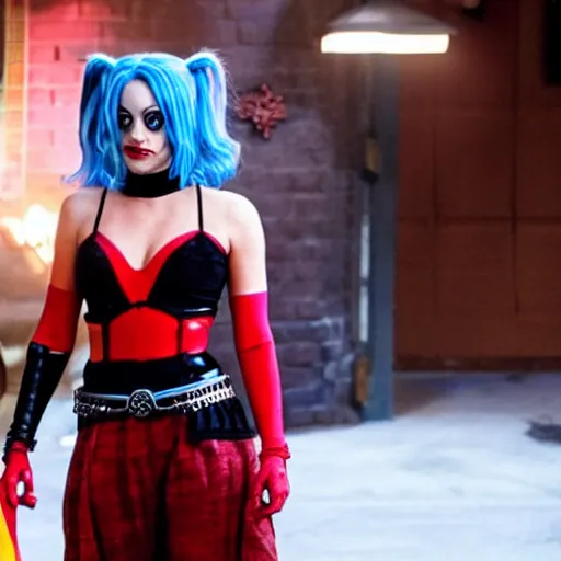 Image similar to A still of Kaley Cuoco as Harley Quinn