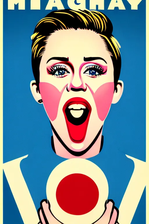 Image similar to propaganda poster, miley cyrus, close up, portrait, shouting