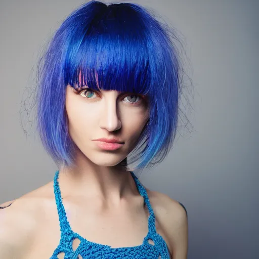 Image similar to photo of a caucasian female model with blue hair wearing a crocheted croptop