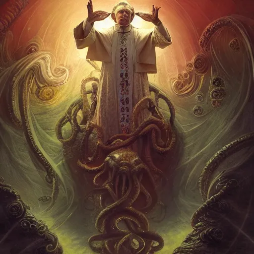 Prompt: pope priest in front of a cthulhu, benefit of all, ill of none, fractal crystal, fantasy beauty portrait by tom bagshaw, tooth wu, wlop, james jean, victo ngai, beautifully lit, muted colors, highly detailed, artstation, fantasy art by craig mullins, thomas kinkade