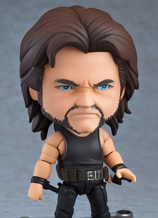 Image similar to kurt russell, a nendoroid of kurt russell is snake plisskin figurine, black tank top, grey pants, escape from new york, realistic face, detailed product photo