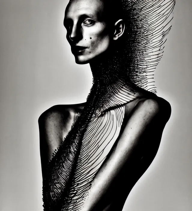 Image similar to photography portrait of one female fashion model wearing fluid organic clothes designed by iris van herpen, photography by paolo roversi nick knight, helmut newton, avedon, and araki, natural pose, highly detailed