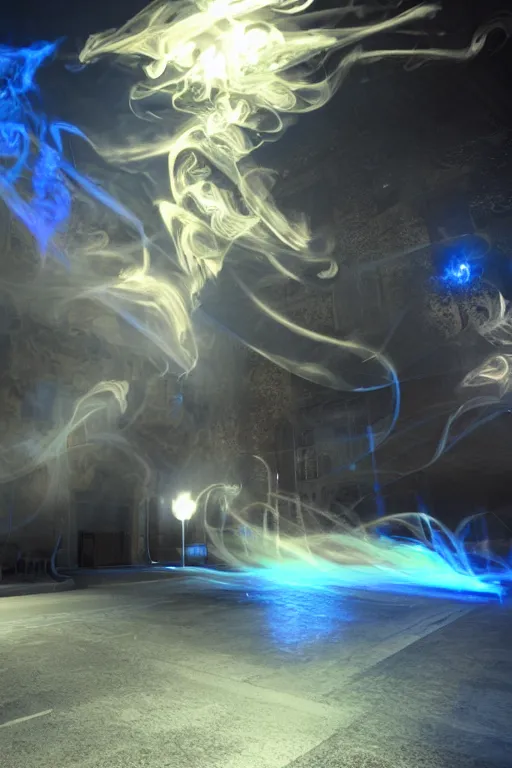 Image similar to swirling light streaks and ornate flowing smoke streams and smooth particle effects, fume fx, unreal engine