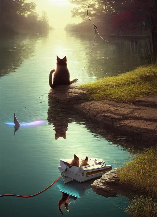 Prompt: highly detailed portrait of a cat fishing at a lake, stephen bliss, unreal engine, greg rutkowski, loish, rhads, beeple, makoto shinkai and lois van baarle, ilya kuvshinov, rossdraws, tom bagshaw, tom whalen, alphonse mucha, global illumination, god rays, detailed and intricate environment