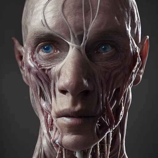 Prompt: male human with translucent skin, visible muscles and veins and arteries and bones and spines and nerves, beautiful detailed intricate insanely detailed octane render, 8k artistic photography, photorealistic, chiaroscuro, by David Cronenberg, Raphael, Caravaggio