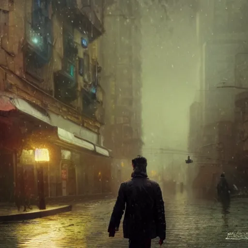 Prompt: volodymyr zelensky blade runner stands in the middle of the street and passing passers - by in cyberpunk village, in the style of aivazovsky, ultra hd, hyper realistic 3 5 mm, elegant