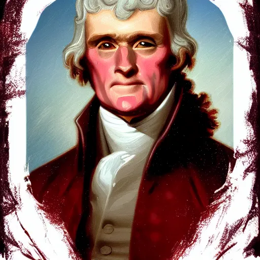 Prompt: portrait of Thomas Jefferson with red trees in the background, as a magic the gathering card, painted by Jaime Jones and Sergeant, high detail, trending on artstation